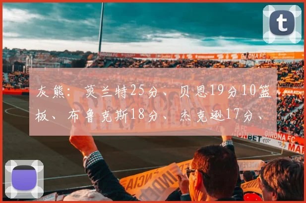 灰熊：莫兰特25分、贝恩19分10篮板、布鲁克斯18分、杰克逊17分、亚当斯9分15篮板、阿尔达马8分